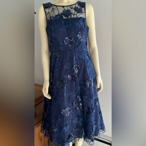 Eliza J Navy Blue Sequin Embroidered Midi Dress Size 6 Formal Wedding Guest
